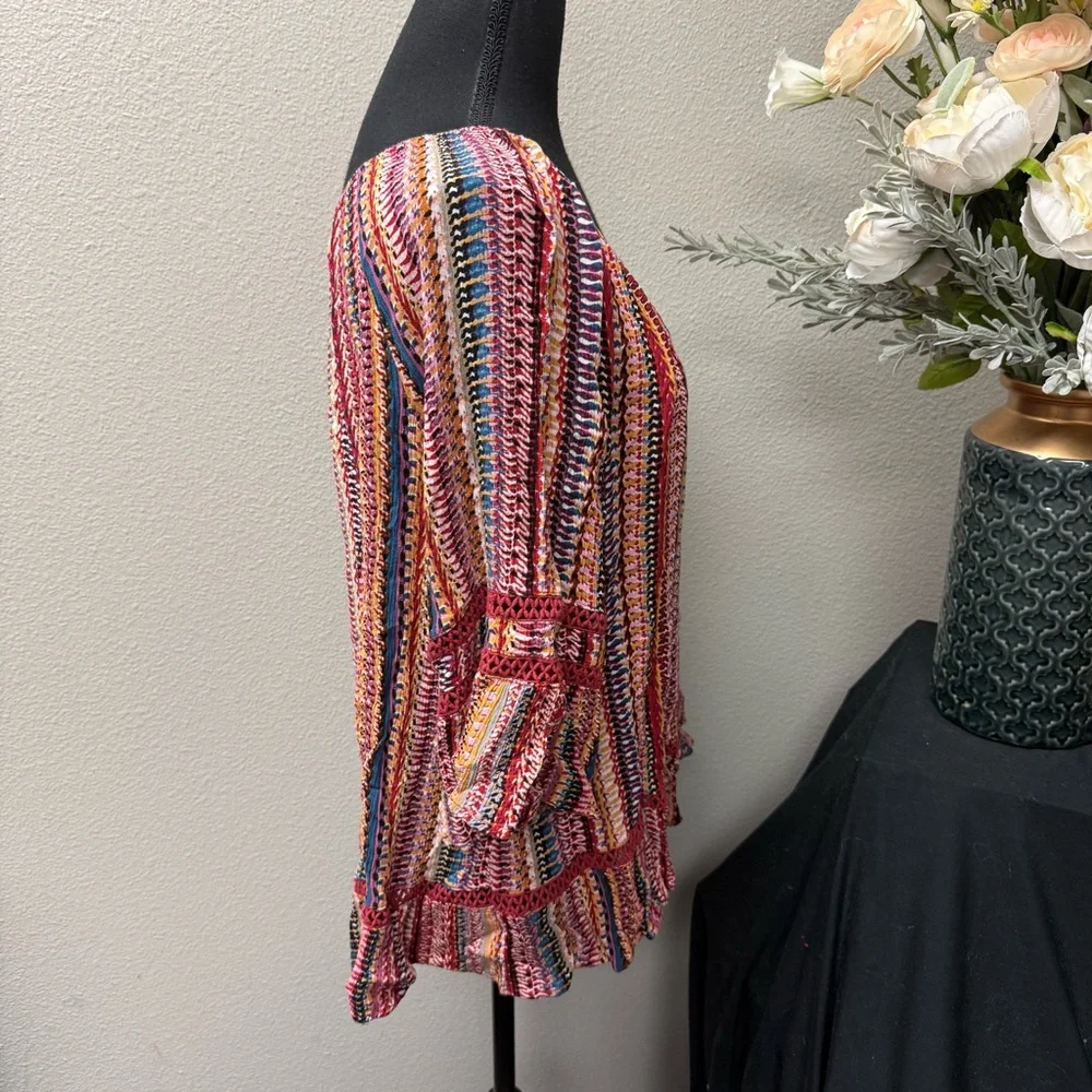Hannah Boho Ruffle Peasant Blouse Multicolor Stripe Crochet Trim L - Picture 4 of 7